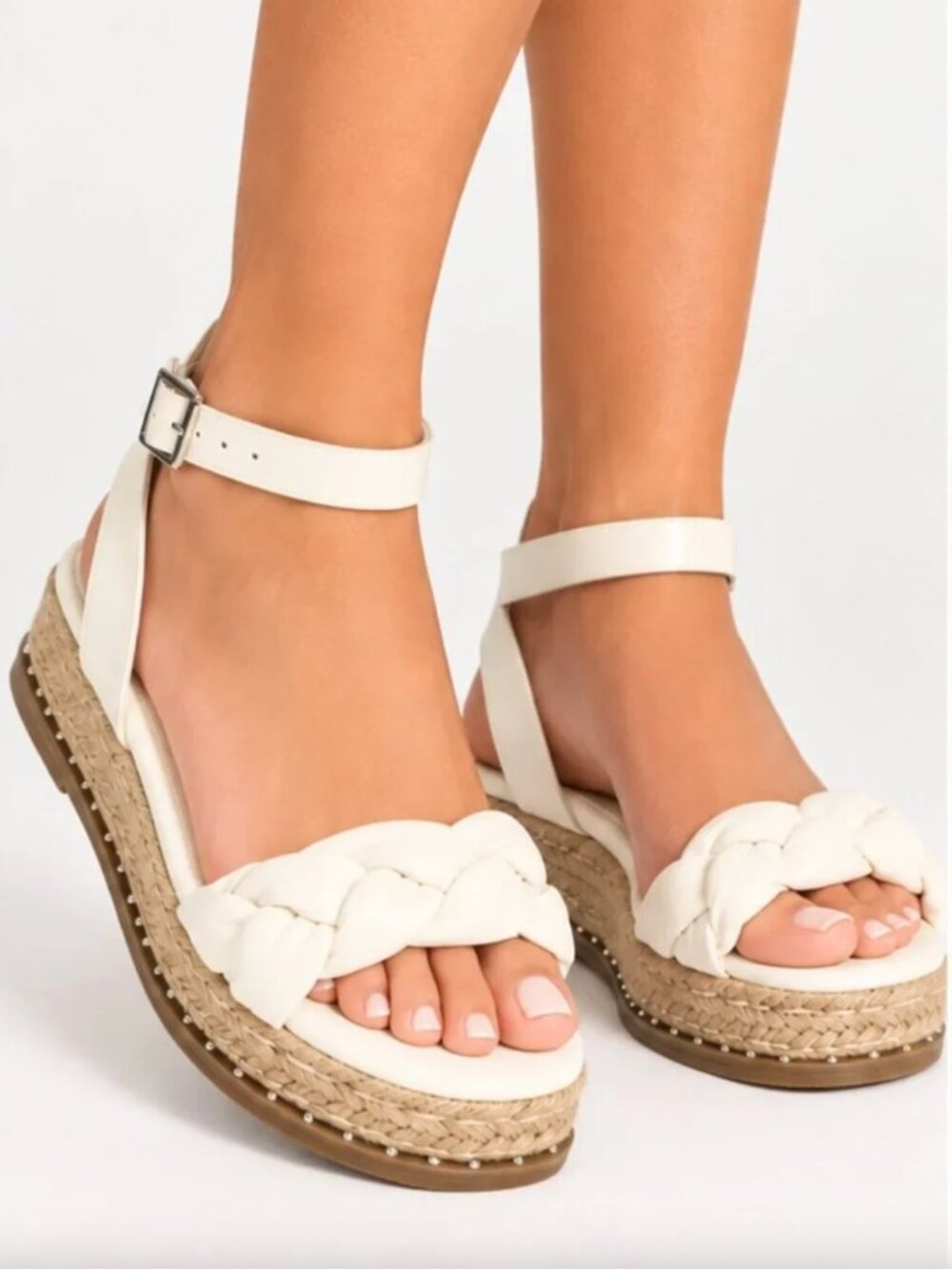 PrettyLittleThing White Braided Espadrille Platform Sandals Ankle Womens US 7